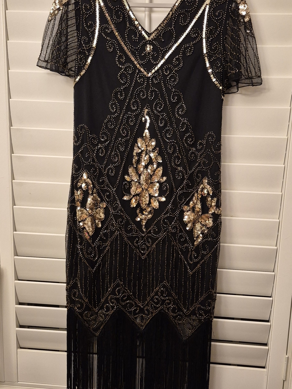 PrettyGuide 1920s Art Deco Flapper Dress Black Gold Sequin Fringe Gatsby XL